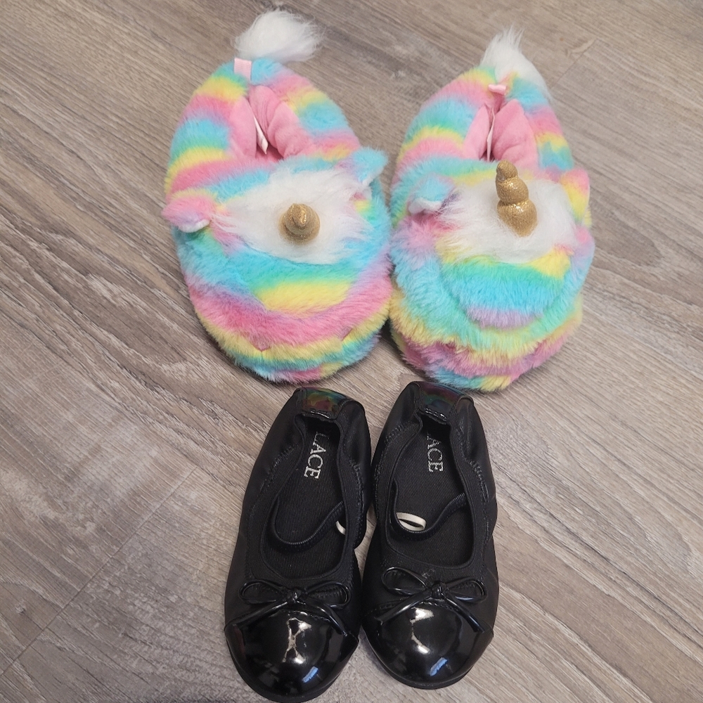 Unicorn Rainbow Slippers And Black Ballet Style Dress Shoe Flats